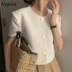 Neploe Korean Chic Fragrance Style Clothing 2024 Summer O-Neck Single Breasted Loose Casual Versatile Puff Sleeve Short Jacket