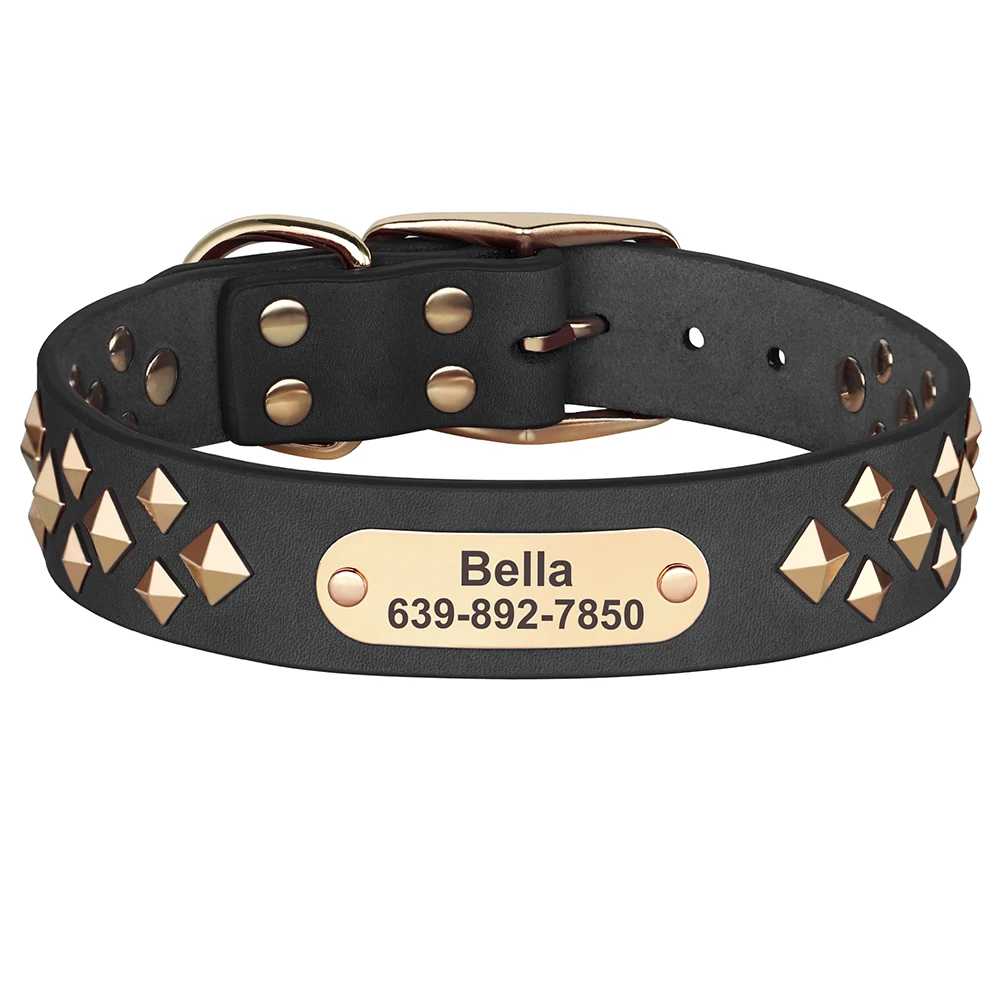 Genuine Leather Dog Collar Personalized Dog ID Collars Necklace Spiked Studded Real Leather Pet Collars for Small Large Dogs Pug