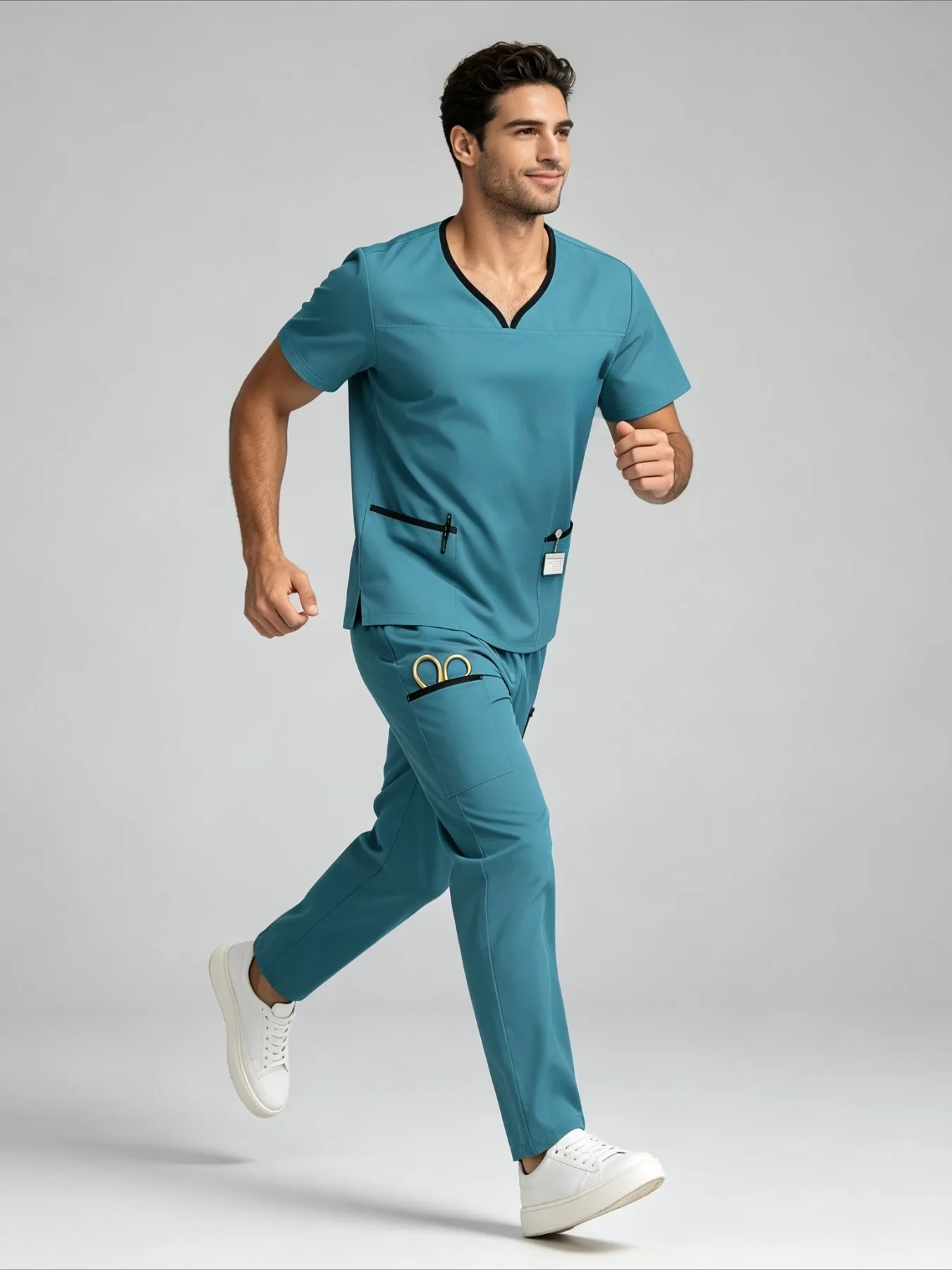 Short Sleeve Contrast Color Scrub Set Elastic Trouser Outfit For Veterinary Hospital Nurse And Beauty Salon Daily Work Uniform