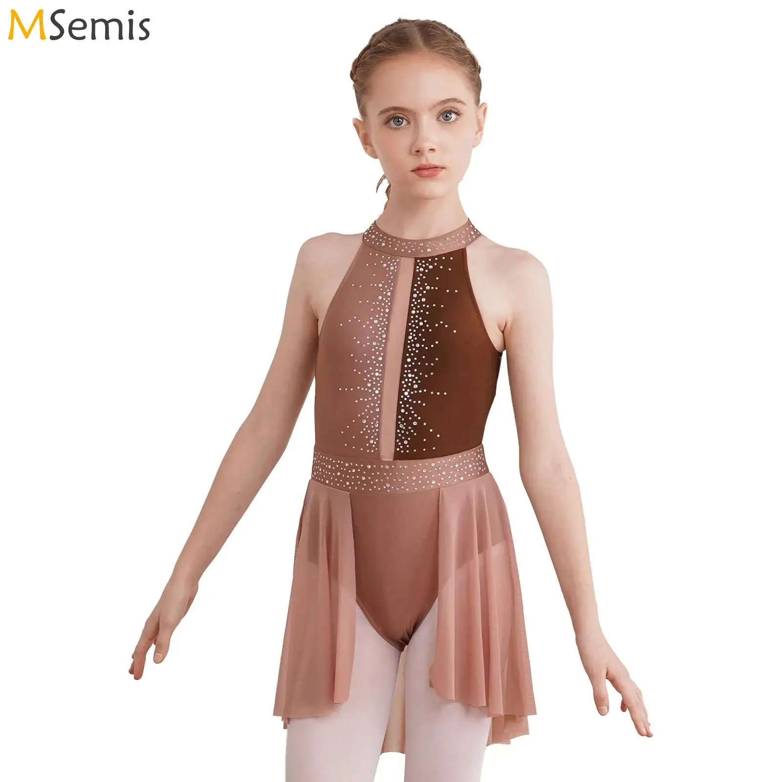 Child Girls Lyrical Dance Dress Ballet Figure Skating Gymnastics Stage Performance Costume Sleeveless Shiny Rhinestone Leotard