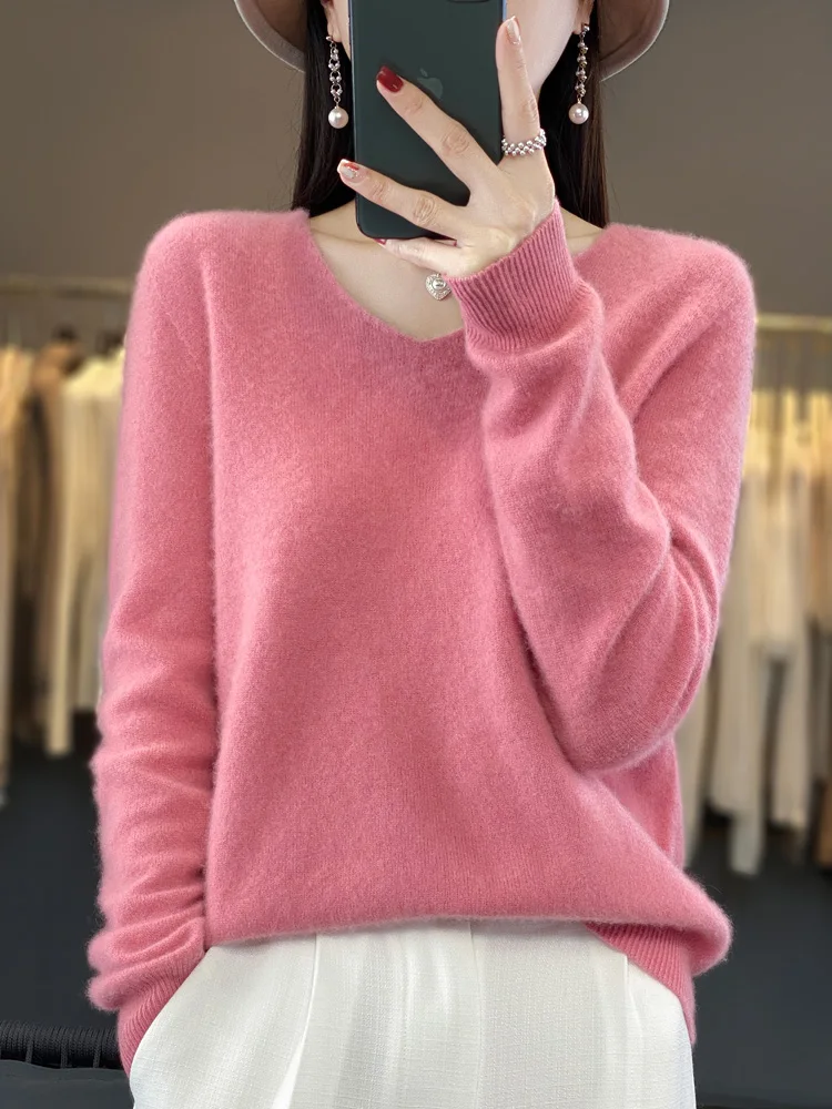 Women V-neck 100% Merino Wool Pullover Sweater Knitwear Basic Casual Comfort Elegant Cashmere Sweater Female Clothing Tops