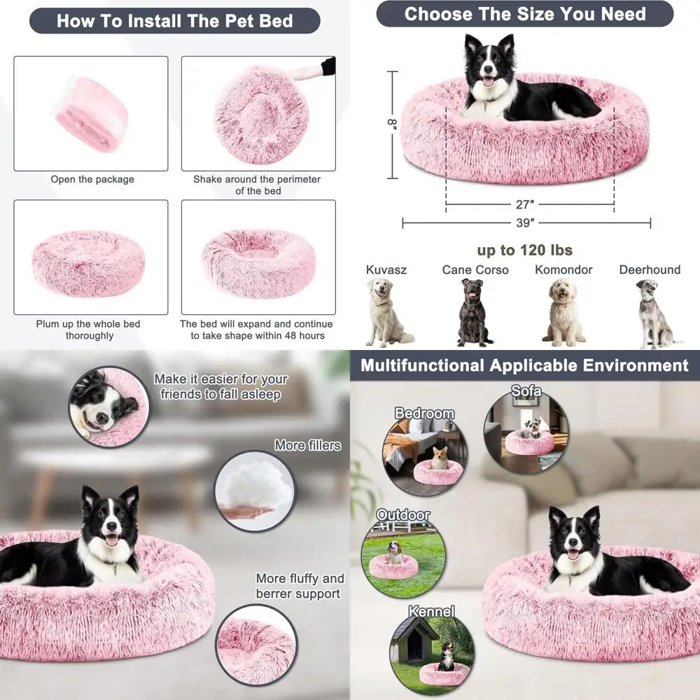 

Розовая моющаяся лежанка для собак в форме пончика, 39 дюймов, мягкая и теплая, выдерживает до 120 фунтов, идеально подходит для крупных собак