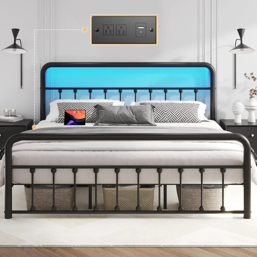 

14 Inch King Bed Frame Classic Metal Platform Bed Frame with Charging Station & LED, Victorian Style Iron-Art, Customized