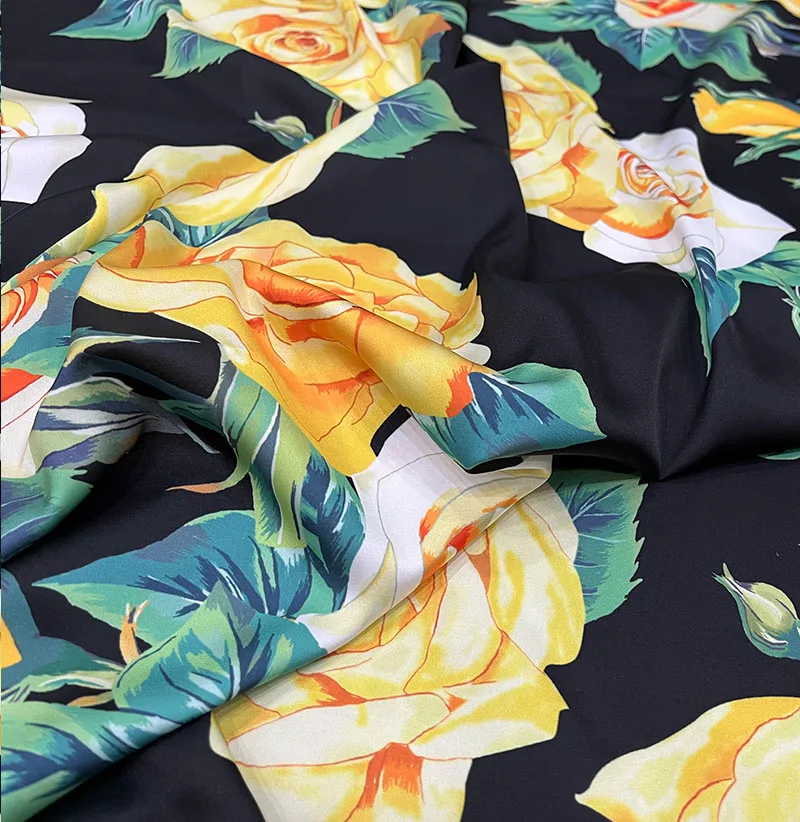 Yellow Rose Flower Printed Imitate Silk Satin Fabric For Women Dress Blouse Pants Handmade DIY Clth Sewing Black Base