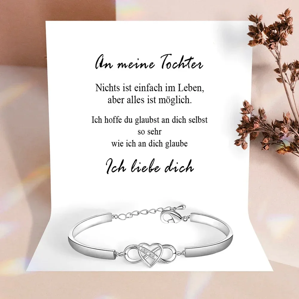 To My Daughter Heart Bracelet for Women Crystal Infinite Love Silver Color Chain Bangles Wedding Accessories Bride Jewelry
