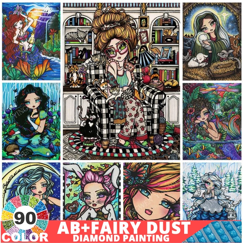 90 Colour Cartoon AB Fairy Dust Diamond Painting Crazy Cat Lady Girl Big Eyes Beauty Mosaic 5D DIY Crafts New Arrival Set Decor