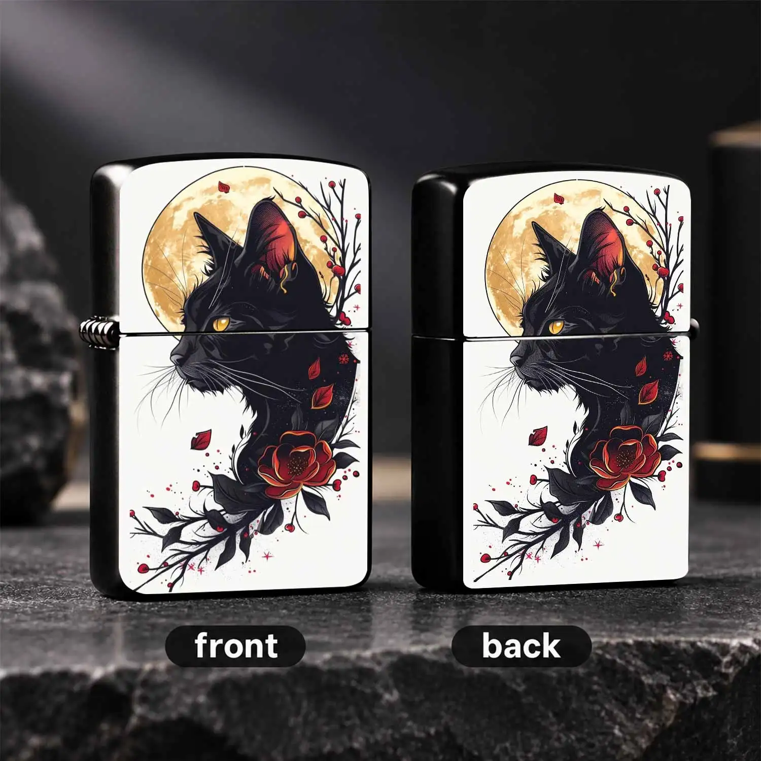 Stylish Art Print Lighter, Exquisite Black Cat Under Full Moon Pattern With Red Floral Berry Decor, Portable Daily Use Accessory, Ideal For Gifting On Various Occasions, Unique Aesthetic Carry Item, Chic Decorative Functional Piece For Ever