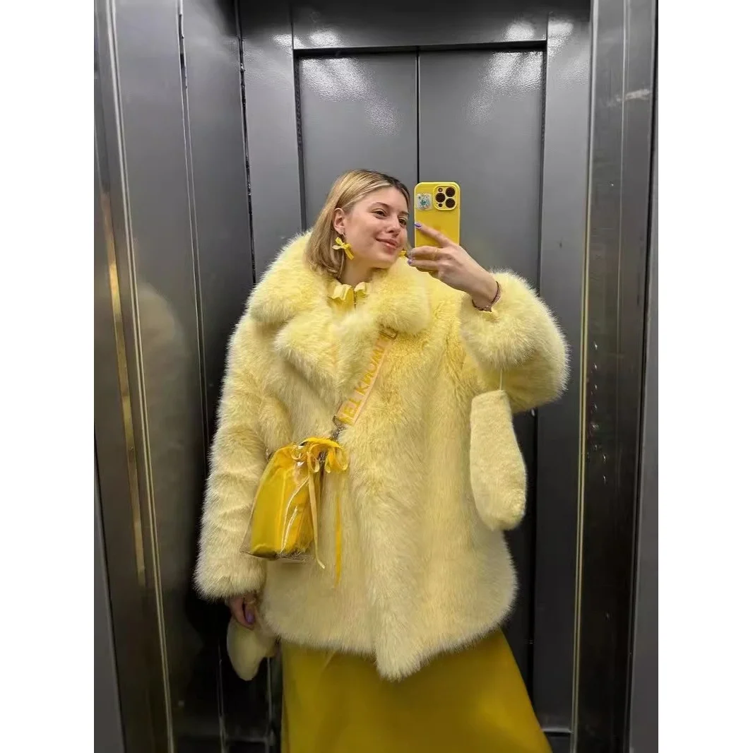 معطف فرو نسائي فضفاض يحاكي طويل متوسط الطول ملابس خارجية شتوية للشباب Sle Commute Faion مع قبعة أخرى من الفرو #1