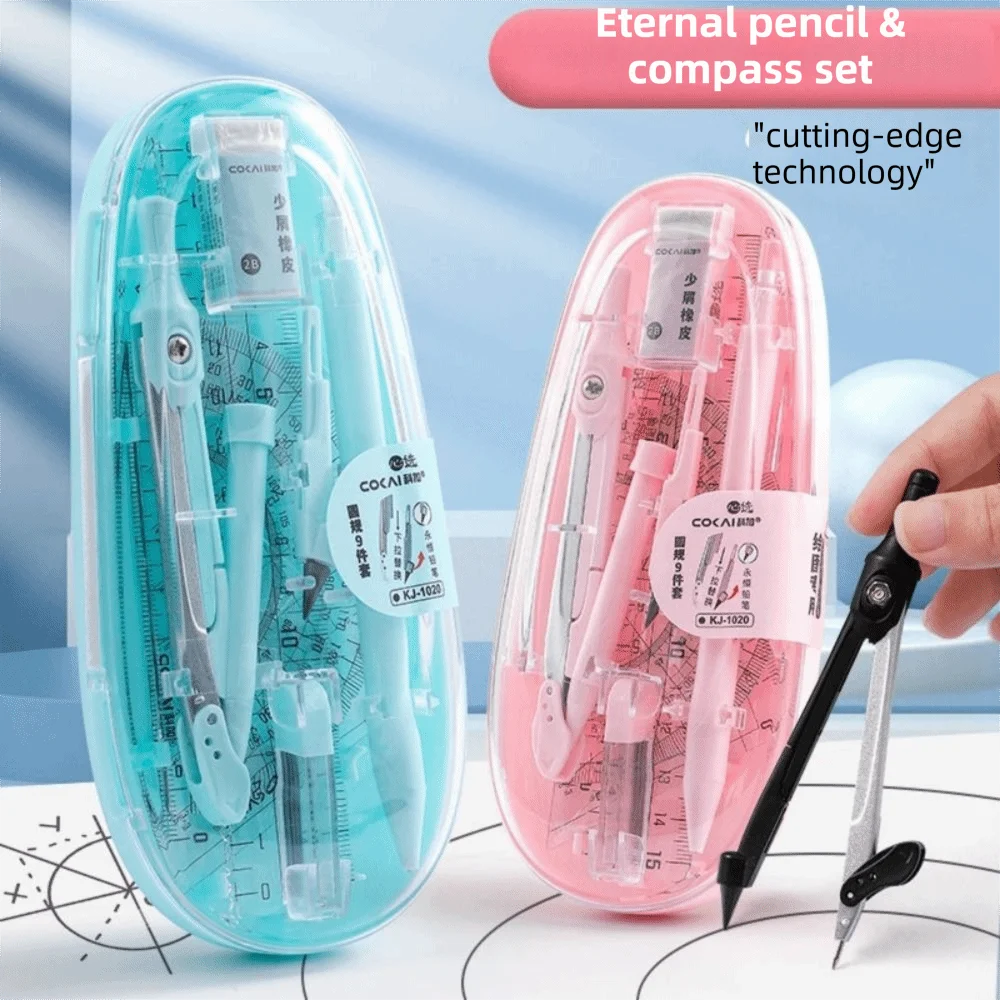9Pcs/Set Straight Ruler Math Geometry Kit Protractor Set Square Transparent Ruler Set Lead Core Eraser Multi-Function Ruler Set