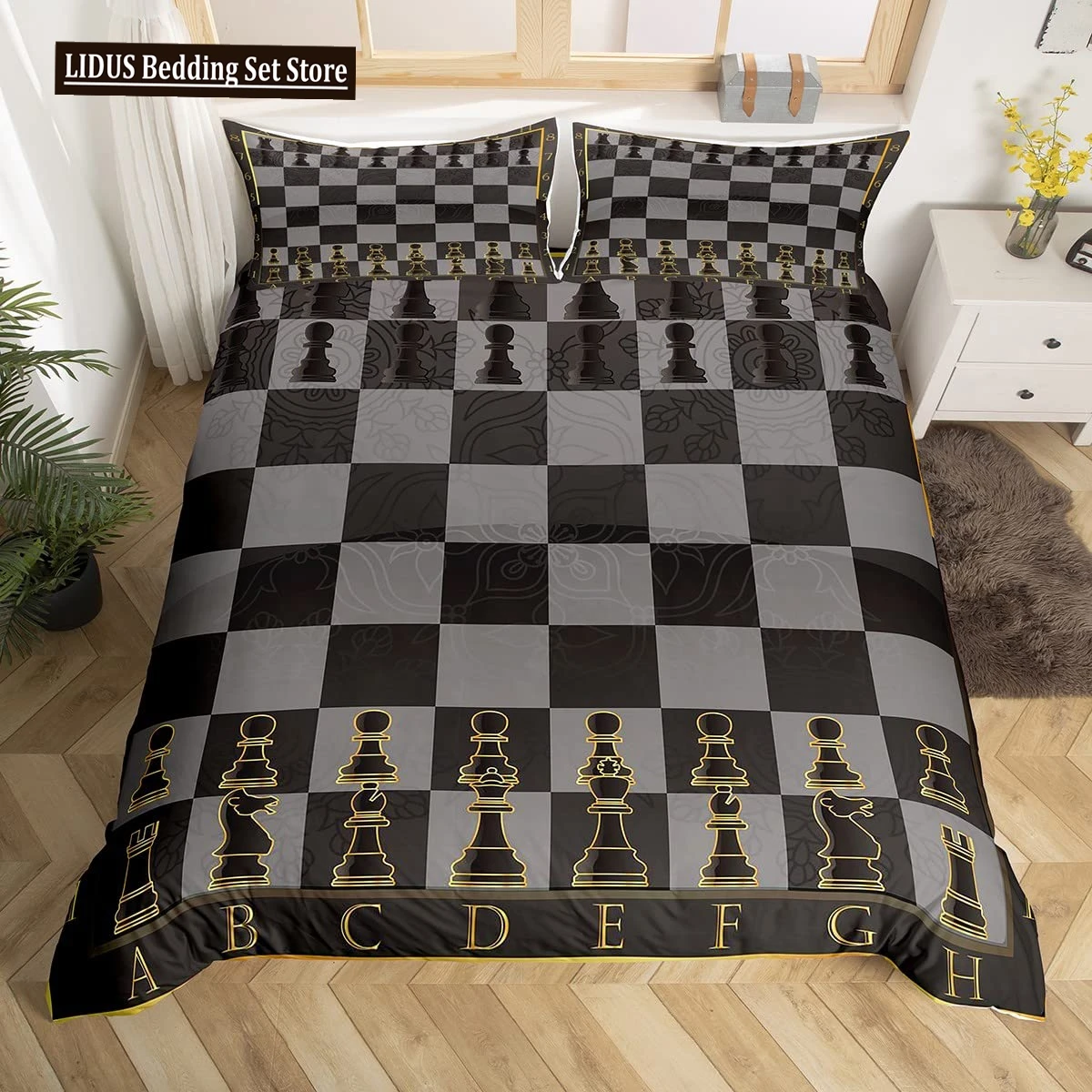 Chess Duvet Cover Set Chess Sports Games Bedding Sets Buffalo Plaid Check Comforter Cover Flowers Checkerboard Quilt Cover Queen