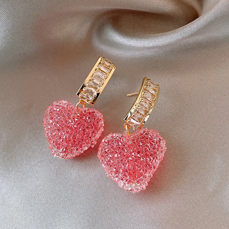 2022 New Arrival Trendy Lovely Pink Heart Dangle Earrings For Women Fashion Cute Sweet Crystal Jewelry Girl Gifts