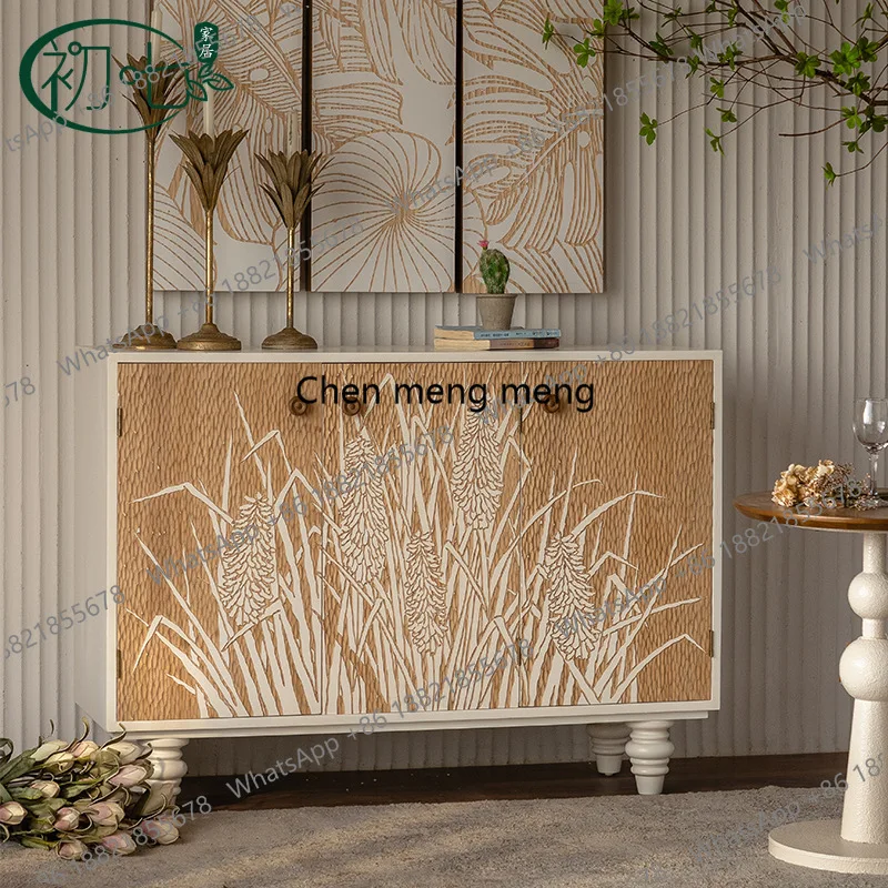 

Wabi Sand wind solid wood carving flower meal side cabinet plant stamen pattern side cabinet entry entrance aisle cabinet
