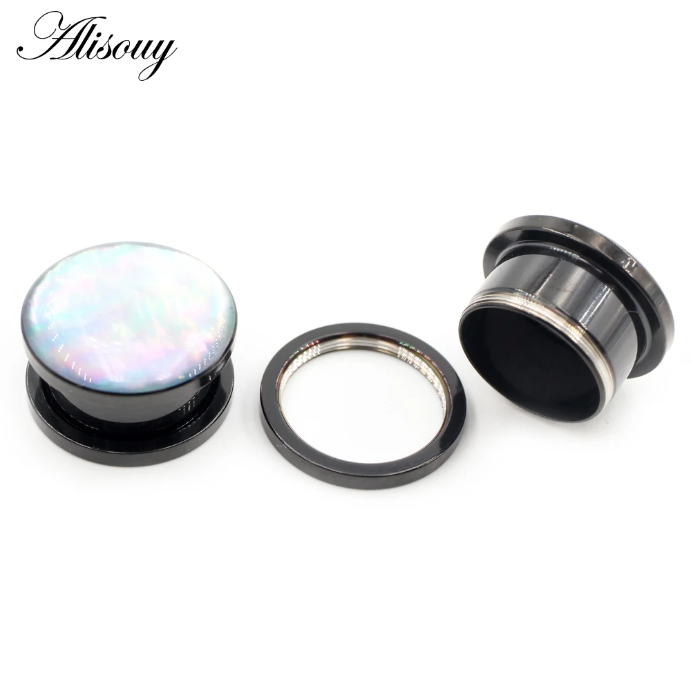 Alisouy 2PCS Black Stainless Steel Inlay Shell Thread Ear Gauges Tunnels Plugs Expander Stretcher Earrings Piercing Body Jewelry