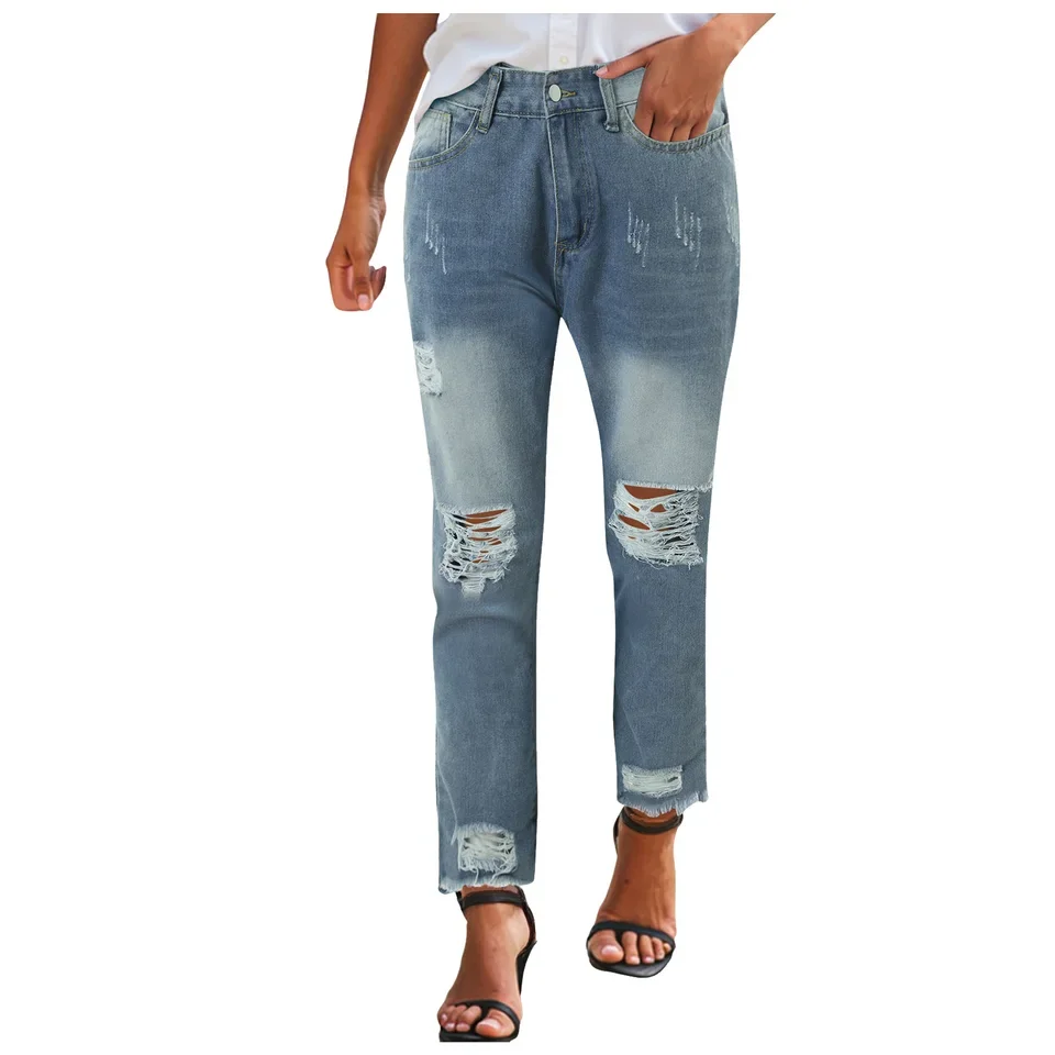 Trendy Straight Leg Ladies Long Pants Straight Leg Jeans For Women Mid Rise Comfy Fit Distressed Jeans Casual лонгслив женский