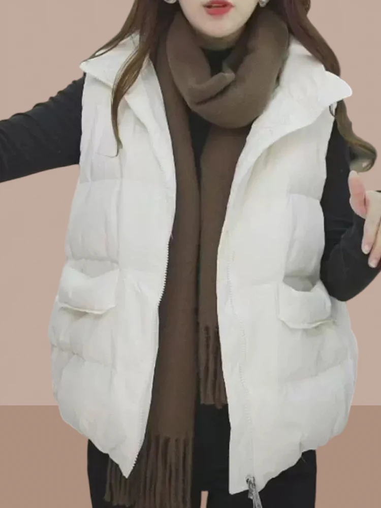 Trendy Ladies down Cotton Vest 2026 Autumn Winter New Style Outerwear Jacket Large Size Commute Style Pure Color Zipper