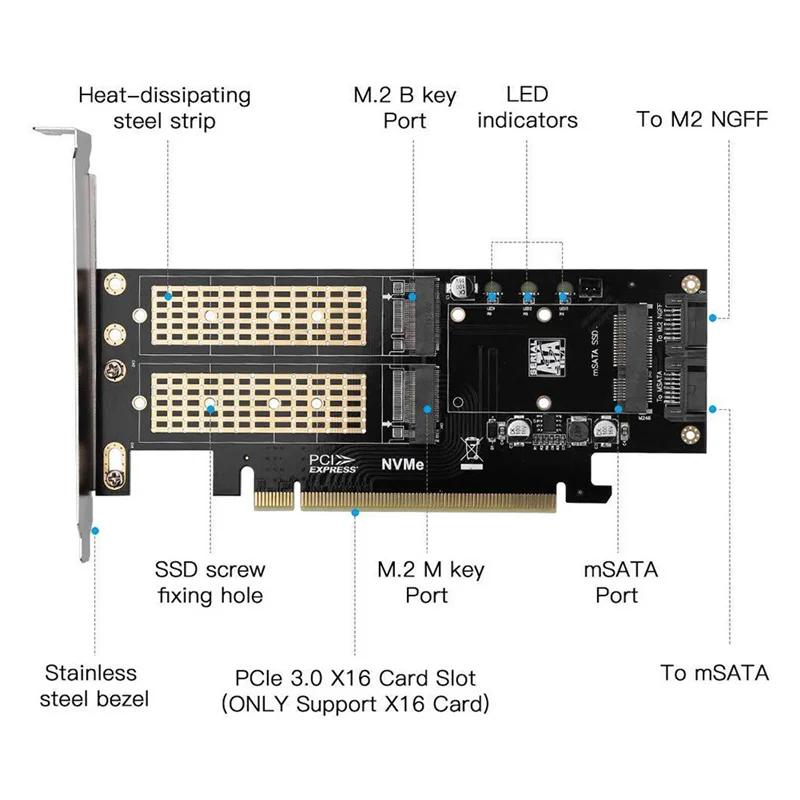 M.2 NVMe SSD NGFF إلى PCIE X16 محول ، مفتاح M B ، MSATA PCI توسيع SATA ، رافع محول 3 في 1 ، أسود