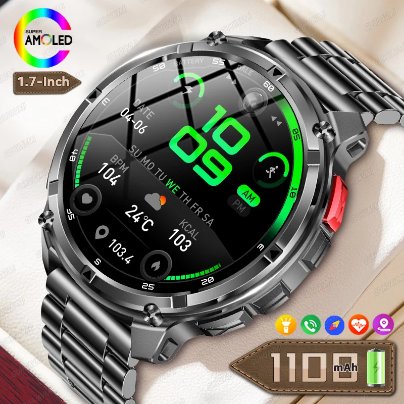 

New 1100mAh T-Rex 3 Military Sports SmartWatch 1.7-inch AMOLED Flashlight Compass 5ATM Sports Tracker Outdoor BT Call SmartWatch
