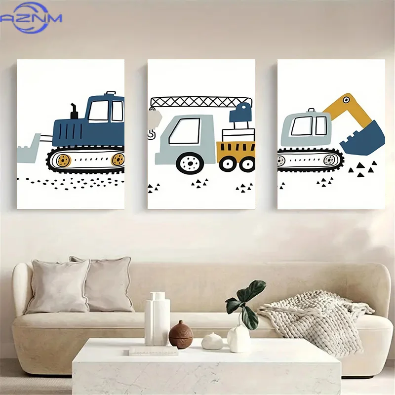 3pcs Charming  Framed Canvas Art Set - Modern Cartoon Construction Vehicles Design, Perfect for Home, Bedroom, Kitchen, Office D