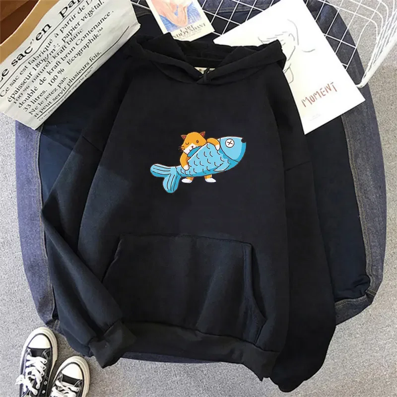 

Cute Cat Catch a Big Fish Print Hoodies Teens Daily Street Wear Spring Long Sleeve Sweaters Casual Funny Loose Hooded Top