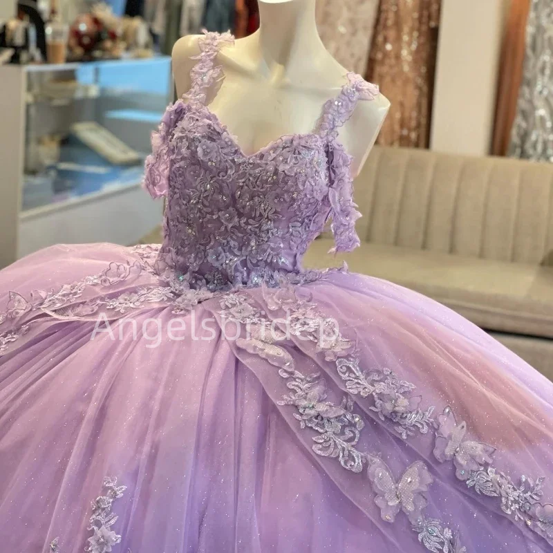 Angelsbride Elegant Lilac Quinnceanera Dress Ball Gown Glitter Tulle Tiered Appliques Lace Sweet 16 Vestidos De Fiesta