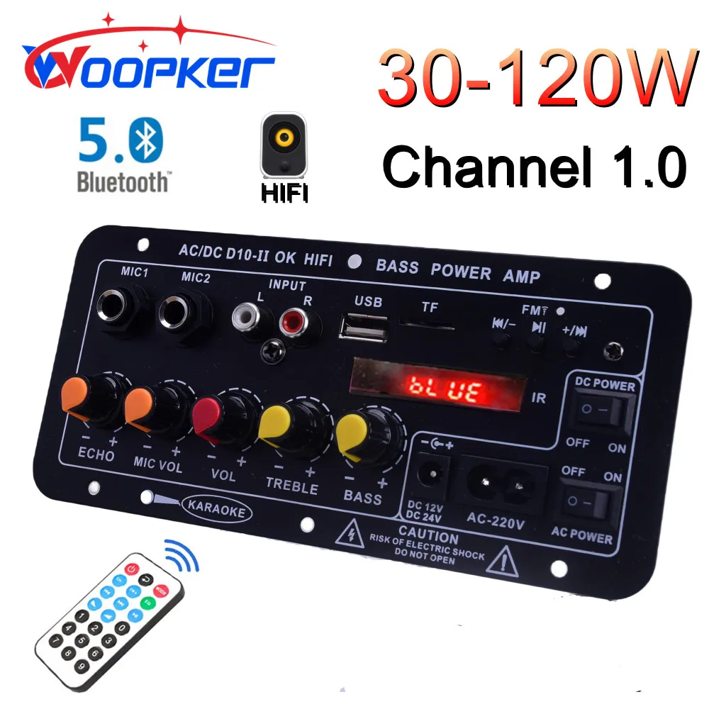 

Woopker D10-II Audio Amplifier Board Digital Bluetooth AMP Module 30-120W for 4 Ohm Speaker 110V-220V 12V/24V With LED Screen