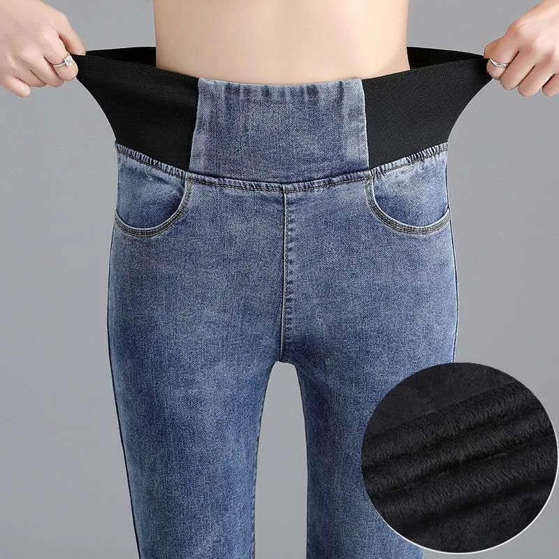 Women'S Plus Velvet Skinny Pencil Jeans Korean Fashion Elastic Waist Winter Trousers Oversized Casual Denim Pants Vintage Bottom