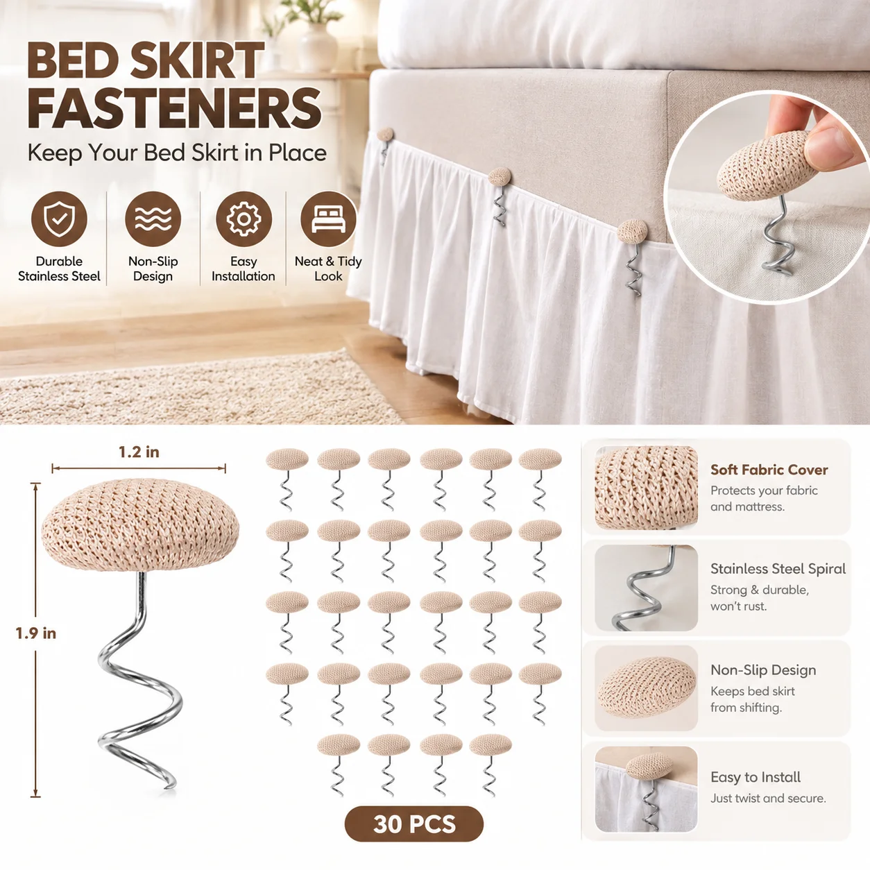 30pcs Fabric Covered Button Twist Pins Spiral Upholstery Bedskirt Holding Anchors Non-Slip Stainless Steel Tacks For Bed Sofa