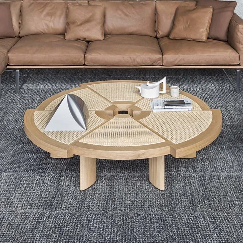 Italian modern ash wood, solid wood log rattan coffee table, table wabi sabi creative gear special-shaped table
