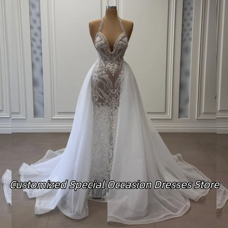 

Sexy See Through Prom Dress With Detachable Train Customized Evening Dresses Exquisite Beaded Applique Long Wedding Party Gowns