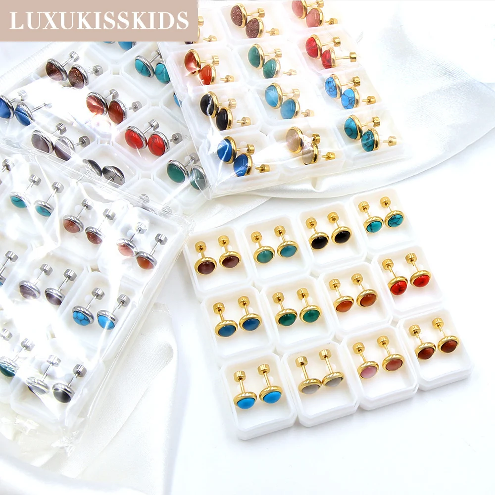 LUXUKISSKIDS Opal Earrings Stud Antiallergy Stainless Steel 12pairs/Lots Colorful Stone Earings Sets Twist Pack Bulk Piercing