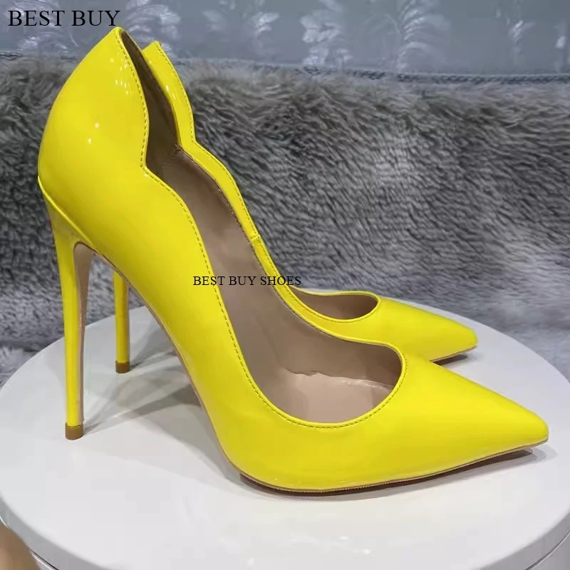 Sepatu pantofel hak tinggi 12cm Stiletto ujung lancip PU paten wanita atas kuning keriting sepatu gaun pesta wanita seksi pompa 12cm