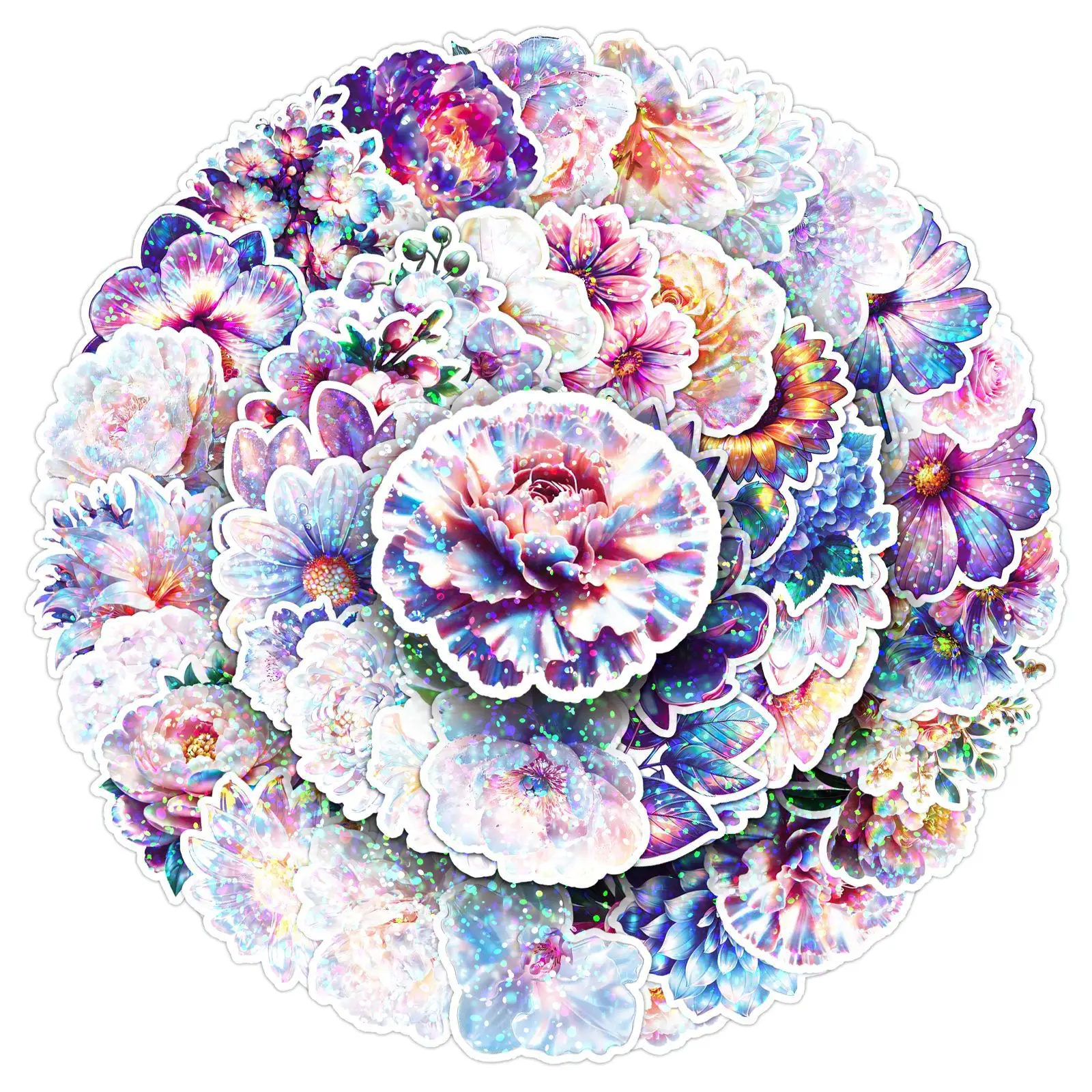 50PCS Laser Style Cartoon Colorful Flowers Stickers Plants Flowers INS Style Doodle Decal DIY Scooter Guitar Bicycle Notebook