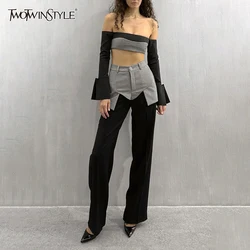 TWOTWINSTYLE Colorblock Slimming Two Piece Sets For Women Slash Neck Long Sleeve Tops High Waist Pants Chic Set Female Fashion