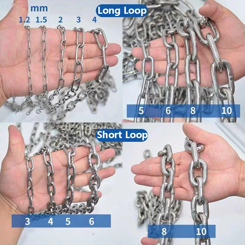 1.2-12mm Diameter Highly Polished Welded 304 Stainless Steel Chain Long Short Link Chain Any Meter Length for Lifting Binding