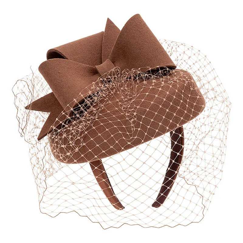 Women Winter Fascinator hat Round Pillbox Birdcage Veil Bow Wool  Headband Fascinator Weddings Ascot Races view 5