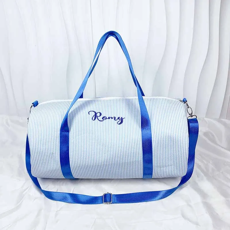 

Personalized Seersucker Duffel Bag With Monogram Work, Preppy Travel Bag For Kids, Ballet,Sports, Sleeping Parties, Weekend Nigh