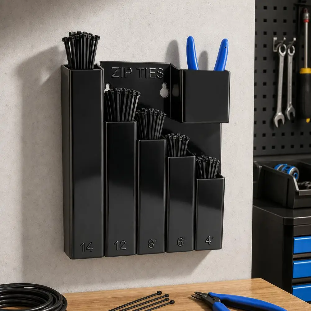 Cable Tie Organizer 5 Compartments Cable Tie Storage Holder with Pliers Pocket Wall Mount Garage Workshop Tool Storage Rack