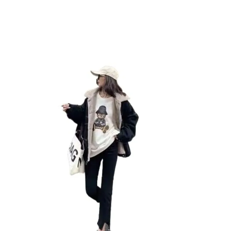 Lapel Workwear Denim Cotton-padded Jacket for Women New Winter Style with Fleece and Thickened Cotton-padded Jacket Black Trendy