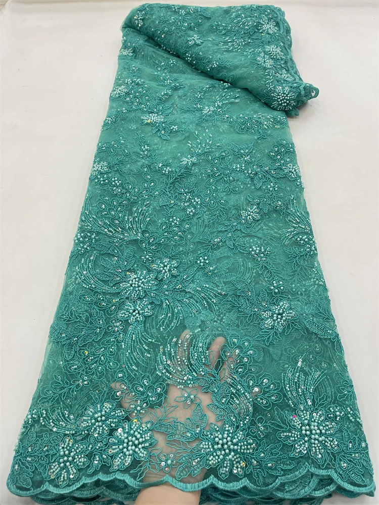 2026 New High Quality Premium Grade African Tulle Lace Fabric 5yards Nigerian Sequins Beads Tulle Lace Fabric For Wedding Dress