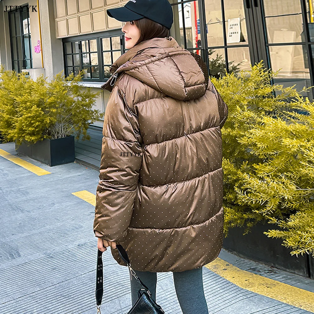 Hooded Large Jacket Winter Female Long Cotton Overcoat 2024 New Thicken Warm Parkas Dots Coats Women Clothes Loose Outerwear