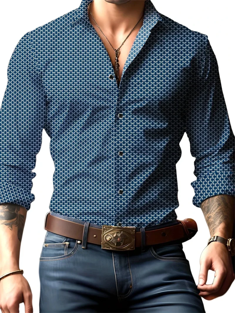 Men's New Color Block Design 3D Printed Shirt Retro Fashion Simple Business Casual Natural Long Sleeve Lapel Button Shirt