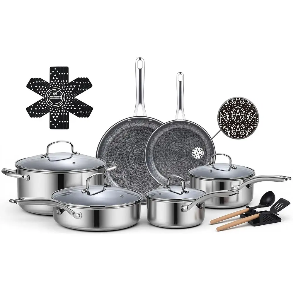 

17-предметный набор посуды из нержавеющей стали с антипригарным покрытием, нетоксичный, подходит для мытья в посудомоечной машине и использования в духовке, совместим с индукционными плитами и всеми типами плит.