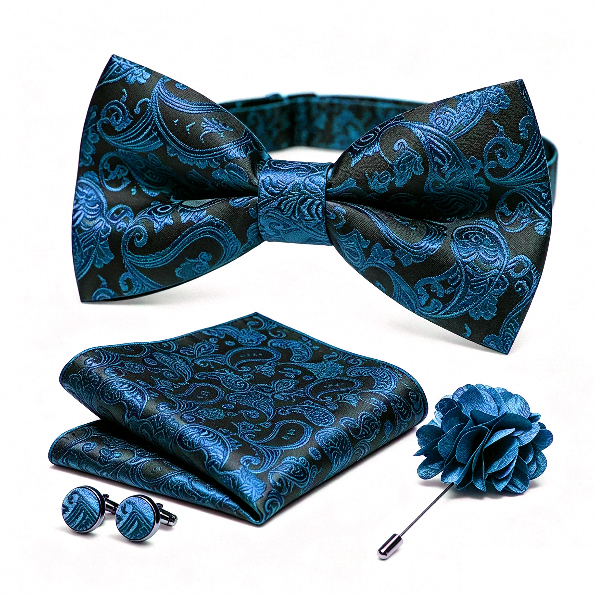 36-teiliges Set: Schwarze Seiden-Jacquard-Paisley Herrenfliege, Brosche, Einstecktuch und Manschettenknöpfe – Vorgebundene Schmetterlingsfliege für Herren, Hochzeit und Business – Detail 11
