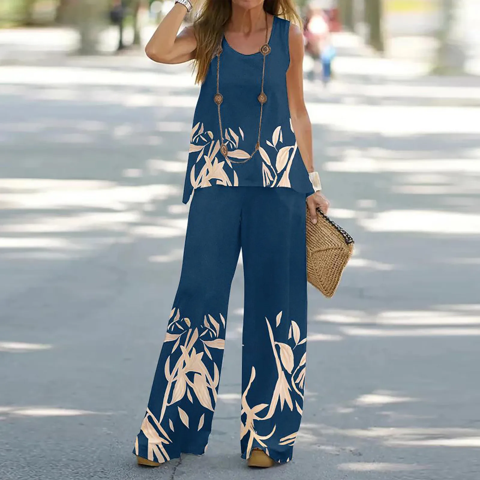 

Women 2 Piece Outfits Boho Casual Letter Printed Vest Sleeveless Top Loose Wide Leg Pants Trousers Two Women Holiday Outfits