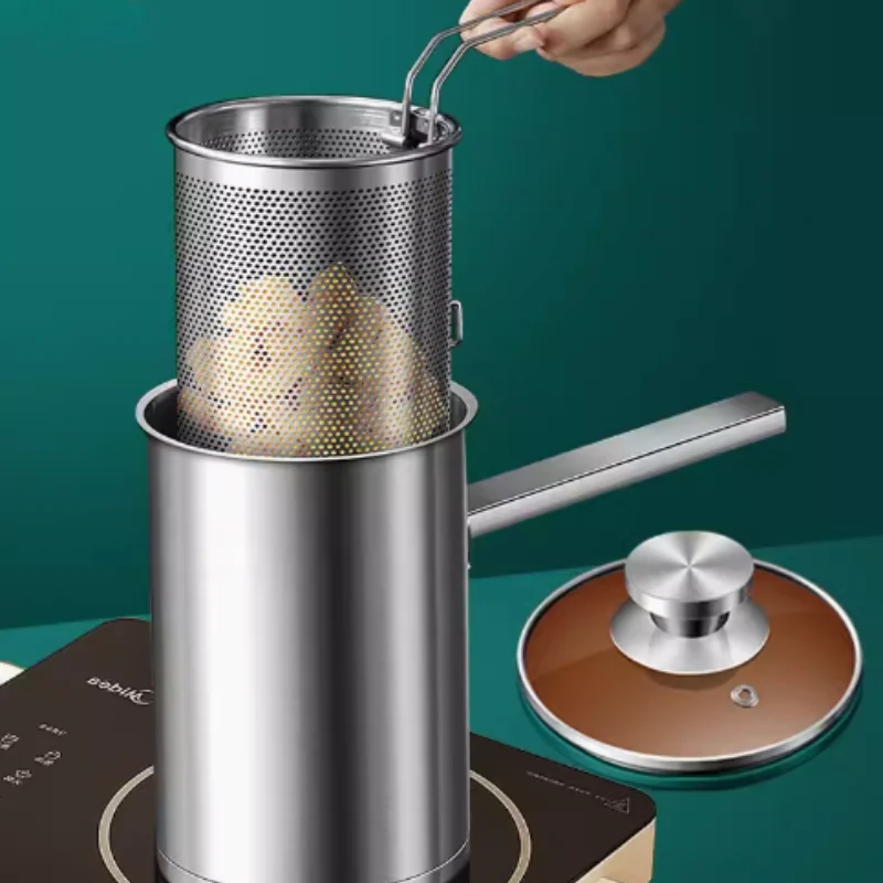 Household Small Frying Pan with Filter Made of German 304 Stainless Steel, Deep and Fuel-Efficient, Deep Kitchen Utensils