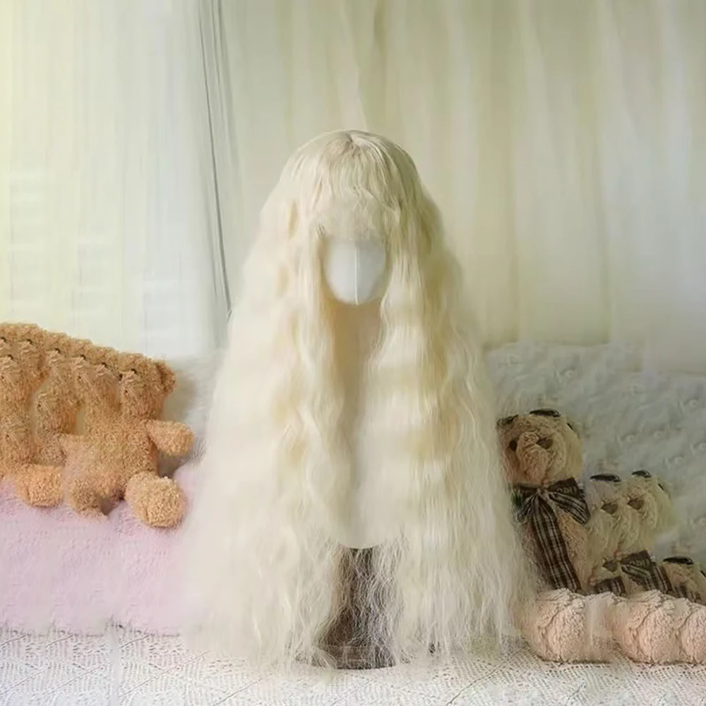 شعر صناعي مجعد صغير مموج 80 سم مع غرة، رقيق بشكل طبيعي، مناسب للحفلات اليومية للنساء، شعر مستعار لوليتا