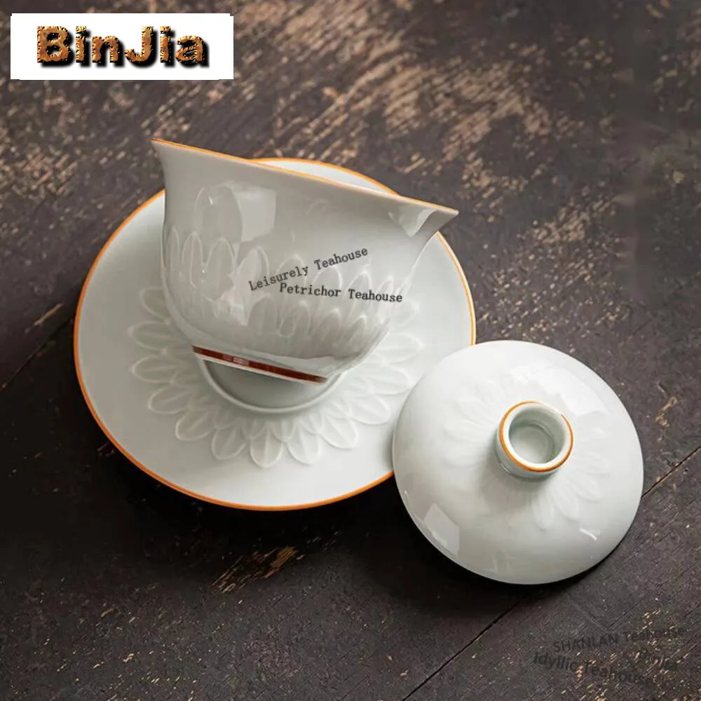 115ml Handmade Relief Lotus Petal Gaiwan Zen Anti Scald Three Talent Tea Tureen Tea Brewing Cover Bowl Tea Ceremony Collection