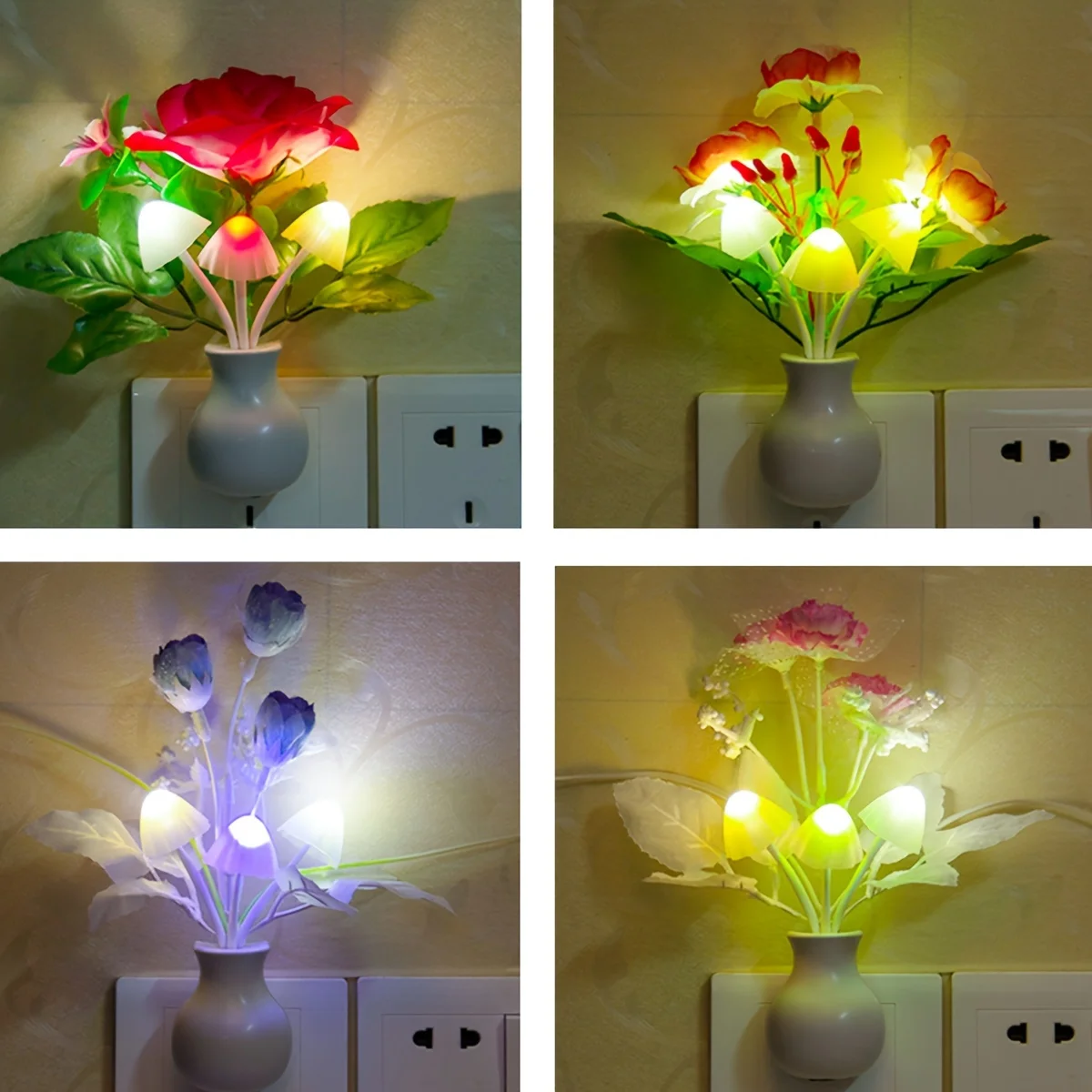 A Brand New European Standard LED Intelligent Light Sensing Night Light, with a Seven Color Vase, Lily, and Three Color Mushroom