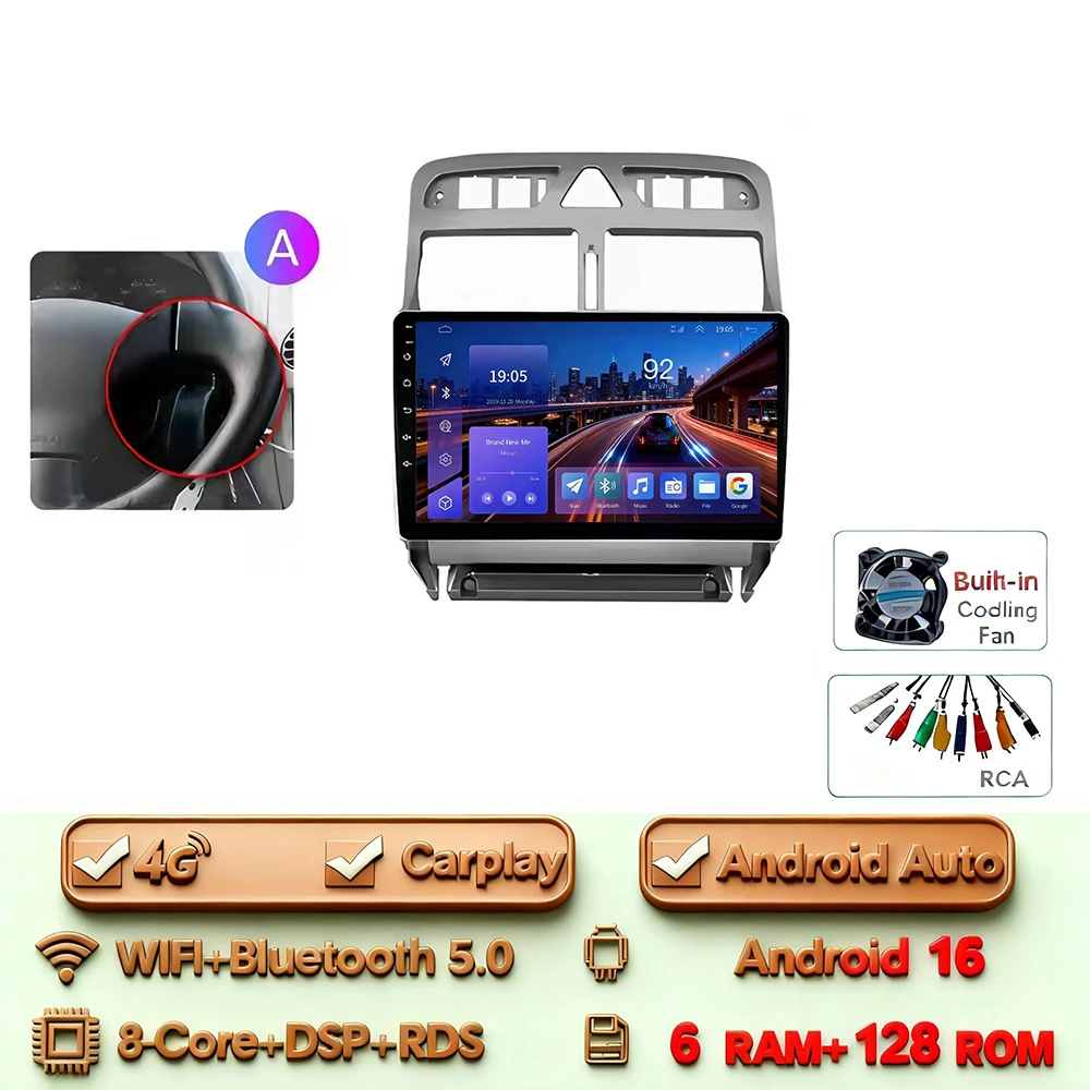 Android 16 Carplay Android Auto 2din Autoradio voor Peugeot 307 307CC 307 SW 2004-2013 4G WIFI GPS DSP BT Touchscreen Multimedia
