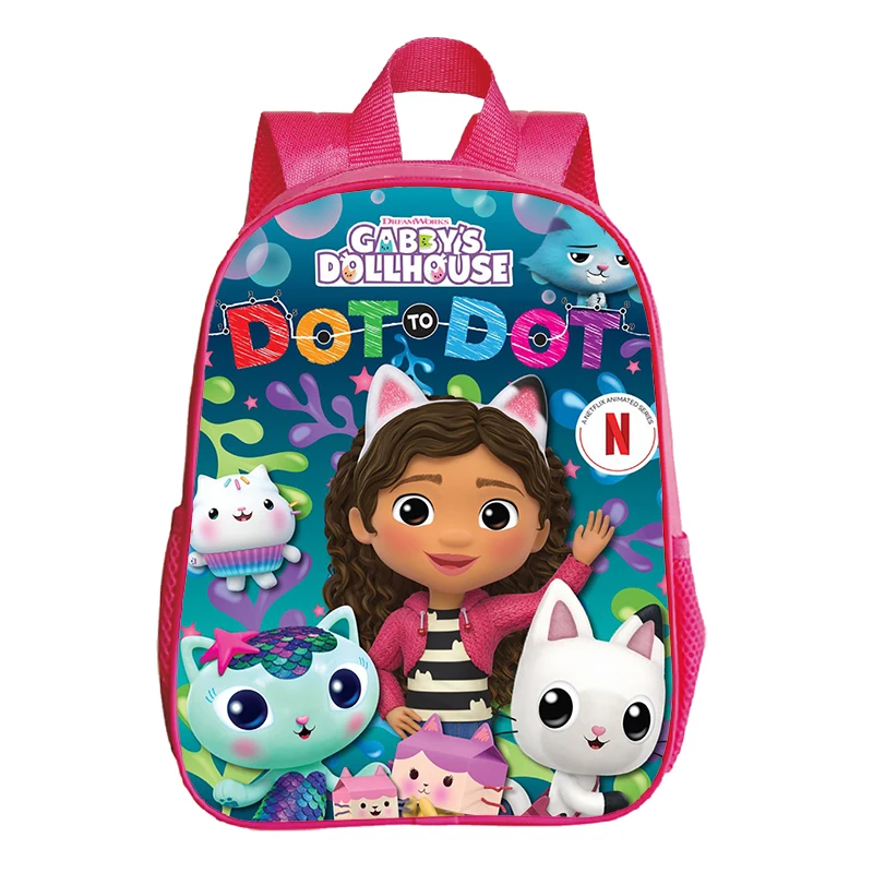 Kawaii Gabby\'s Dollhouse School Backpacks for Kids Girls Pink Bookbag Kindergarten Bags 12 Inch Children Backpack Waterproof Bag